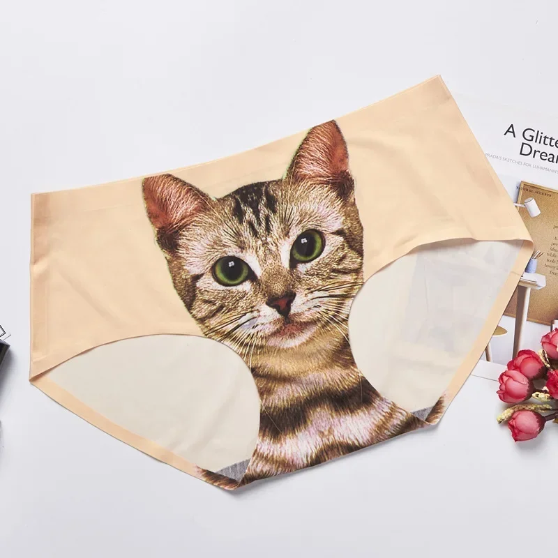 3d Print Cats Head Panty Ice Silk Cat Print Briefs Seamless Ultra-Thin Ice Silk Women Sexy Underwear  Intimates Mid-Waist Briefs