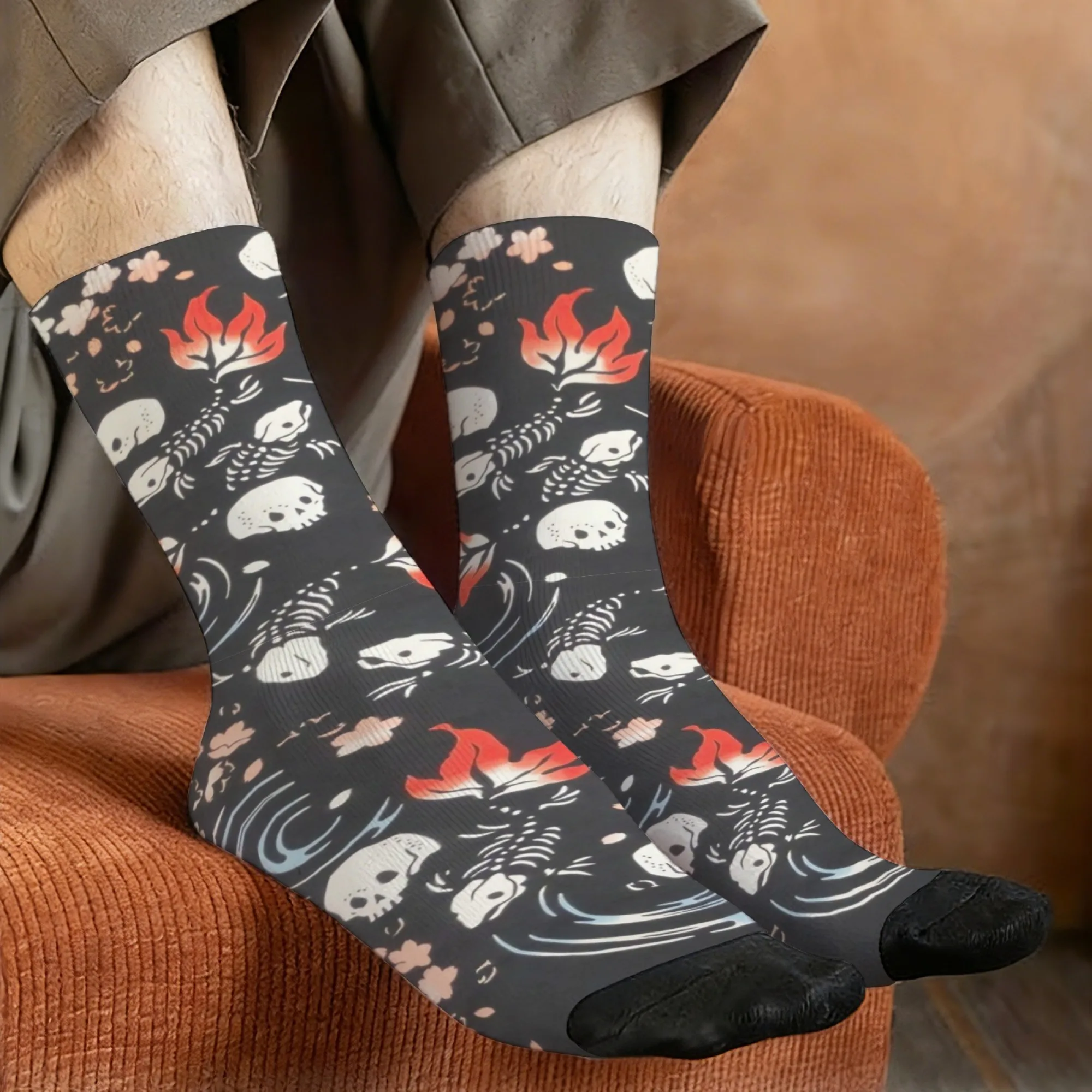 Cherry Blossom Fish Fishbone Socks Non-slip Elastic Breathable Mens Socks Travel Casual Hiking Retro Trendy Harajuku Sport Socks