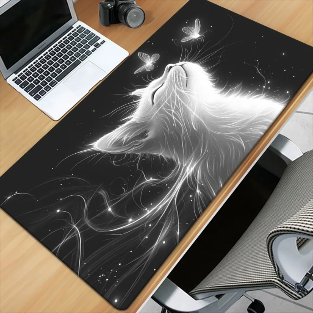 

Светящийся белый коврик для стола с изображением кошки и бабочки, коврик для мыши в стиле фэнтези, нескользящий коврик для клавиатуры для офиса и игр