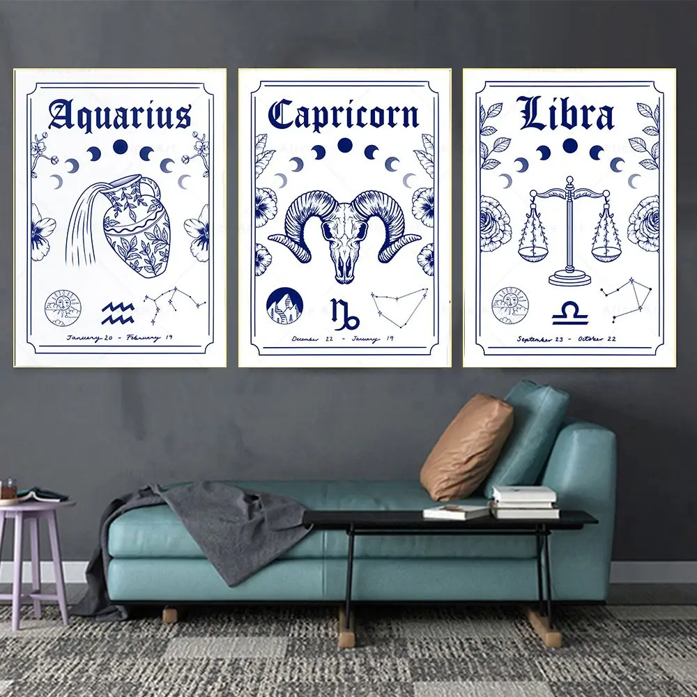 Zodiac Star Sign Wall Art Canvas Painting Astrology Poster Print Boho Cancer Libra Gemini Constellation Living Room Home Decor