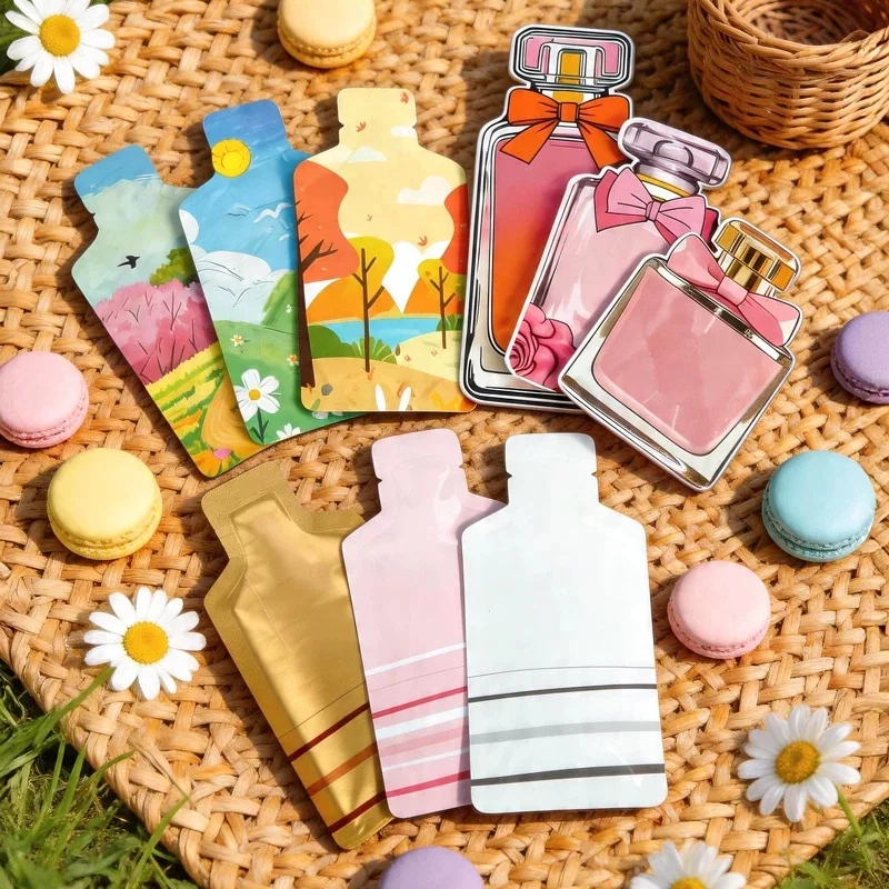 200 Sachets Scellables en Aluminium Forme Bouteille Mignonne pour Emballage DIY de Matcha, Cacao, Shawer Gel, Shampooing et Après-Shampooing avec Logo Personnalisé