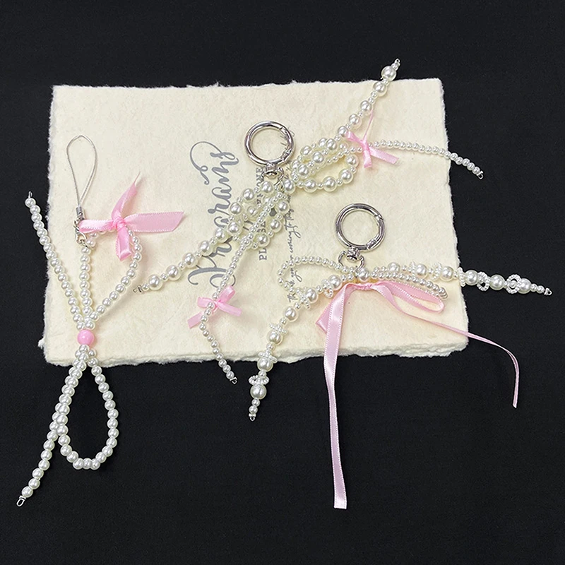 New 1PC Korean Cute Bow Pearl Mobile Phone Pendant Chain Y2K Bag Pendant With Mobile Phone Accessories Camera Bag Keychain