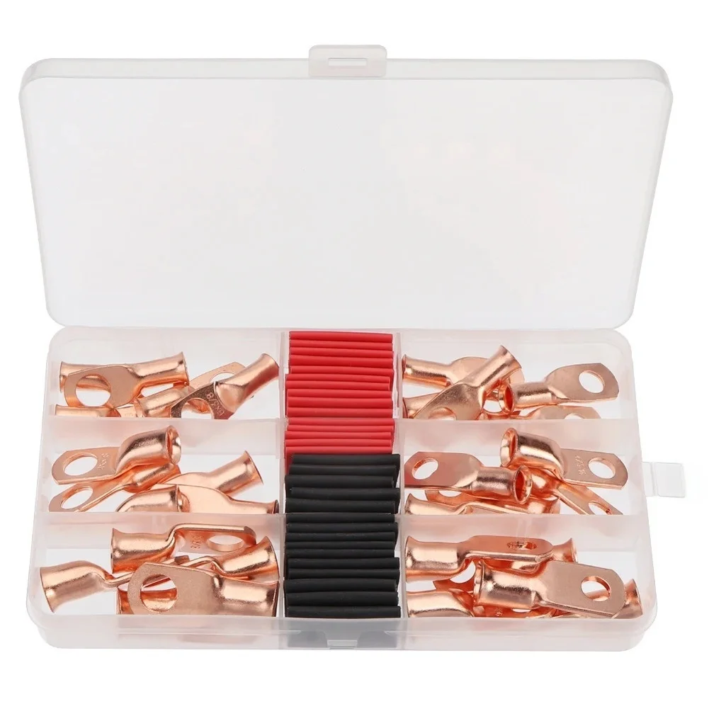 30Pcs Copper Nose Terminal Connectors AWG 2 4 6 Ring Lug With 30 Heat Shrink Tubing 3:1 Ratio Black And Red Tubes