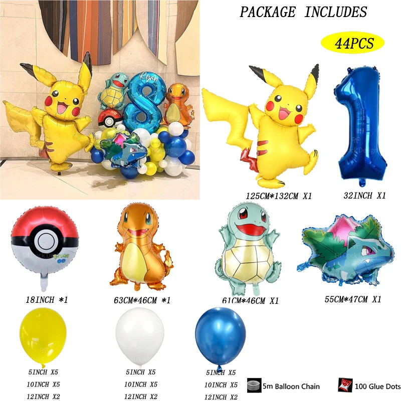 44pcs Cartoon Pikachu Charmander Bulbasaur Theme Foil Balloons Kids Birthday Party Baby Shower Party Decoration Supplies