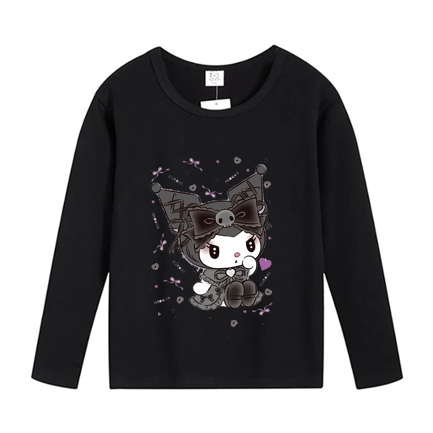 Kuromi Children\'s Long Sleeve T-shirt Kawaii Sanrio Anime Black White Casual Cotton Clothes Cute Christmas Versatile Blouse Gift