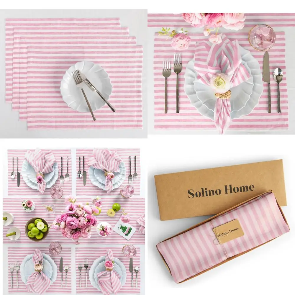 

Набор льняных салфеток из 4 предметов — белые салфетки Amalfi Stripe Cherry Blossom и белые салфетки 14 x 19 дюймов — коврики из 100% чистого льна для лета