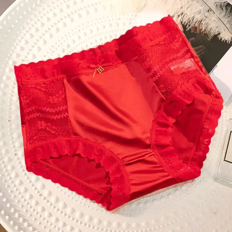 Thin Ice Silk Briefs Women Satin Seamless Mid Waist Pants Lace Shrink Belly Hip Lift Panties Cotton Anti-bacterial Crotch Shorts