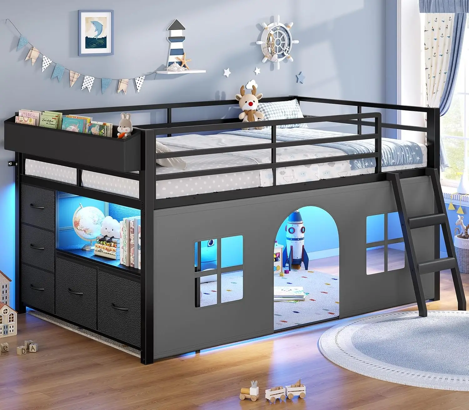 

Low Loft Bed Twin Size with Tent 5 Storage Drawers LED Lights Metal Kids Loft Bed with Bookcase Under Bed Play Space Twin Loft