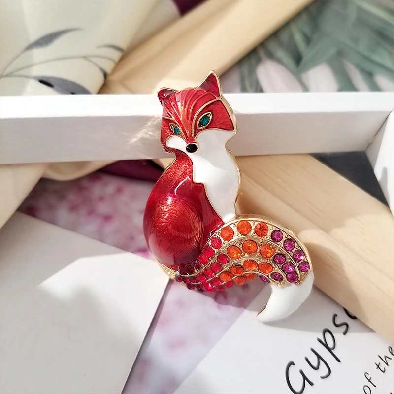 Ramillete de animales con diamantes de imitación, Pin para solapa, bufanda, bolsa, ropa, joyería esmaltada colorida, regalo para mujeres, amigos, niños, broche de zorro en 6 colores