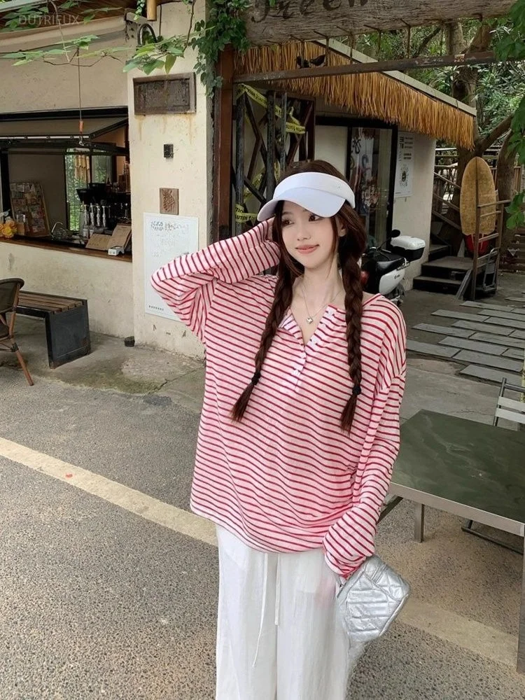 Y2k Stripes T Shirt For Women Spring Autumn Sunscreen Ropa De Mujer Korean Fashion Loose Casual Thin Camisetas