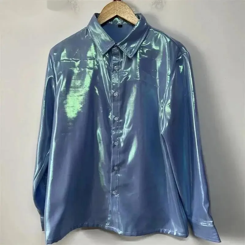 Laser Shiny Double Layer Shirt Mens Long Sleeve Lapel Loose Tailored Niche Cyber Street Daily Casual Male Shirts GT67