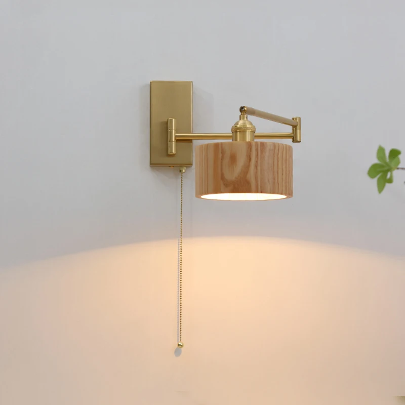 Rotate Wall Lamp Sconce Pull Chain Switch light Bedroom interior wall lamp with plug Stair Light Wooden Lampshade room decor