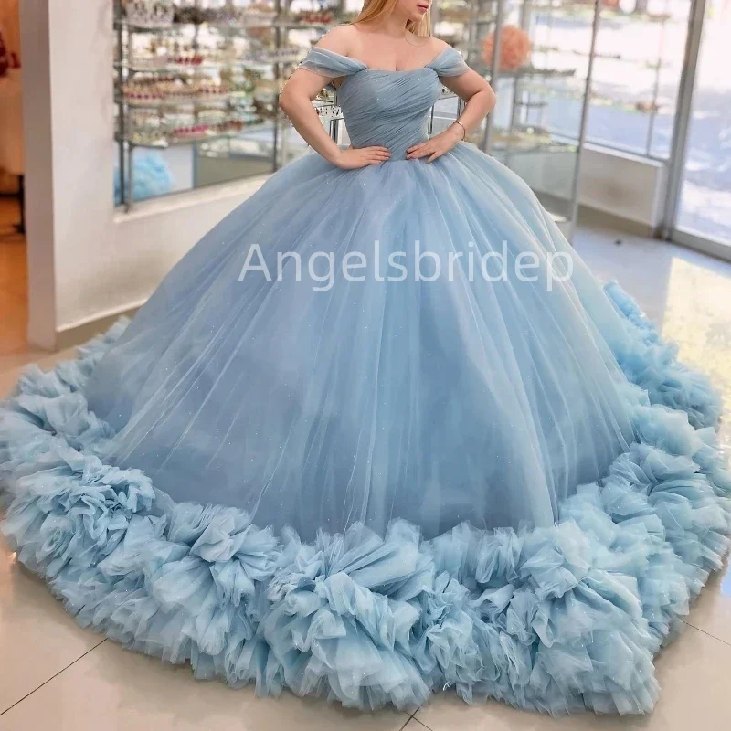 

Angelsbridep Blue Off The Shoulder Ruffle Train Vestidos De Fiesta 2025 Ball Gown Quinceanera Dress Girls Evening Party Dresses