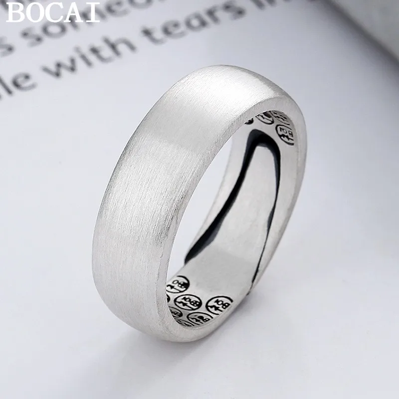 

BOCAI NEW S925 Pure Silver Simple Matte Brushed Craftsmanship Inner Ring With Lucky Letters Open Ring