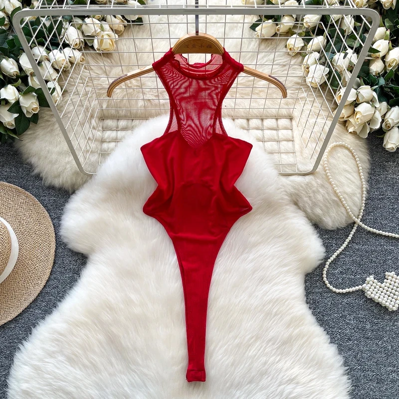 

sexy sleeveless Spliced see through Vintage Straps Bodysuits Chic Jumpsuits Top Hotsweet Clothing