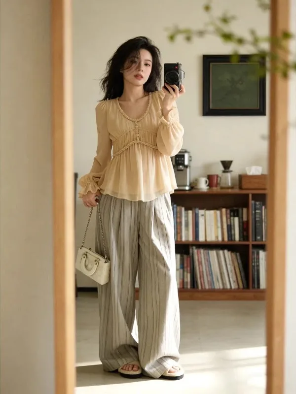 

plus Size V-Neck Gathered Waist Chiffon Shirt Long Sleeve Slimming Belly Covering Top Korean Style Commute Wind Daily Wear