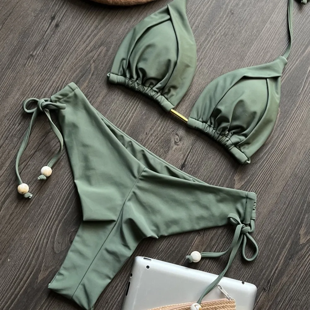 Купальник 2025 г., новый европейский и американский бикини, однотонный купальник, пляжный сексуальный женский купальник