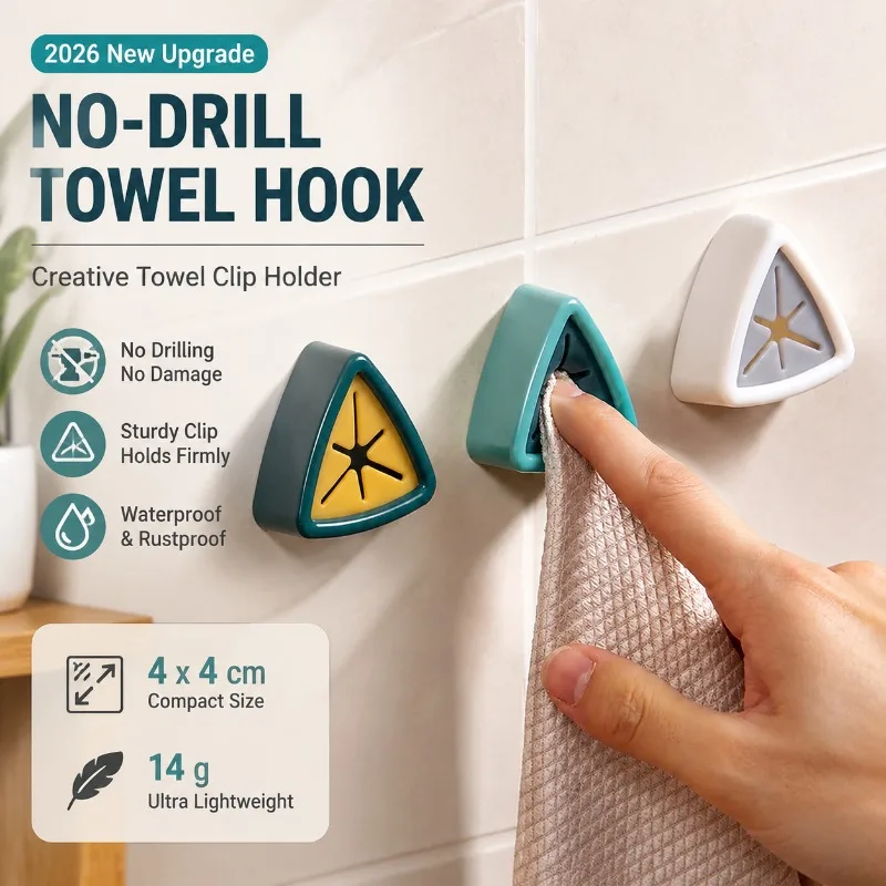 2026 New No-Drill Towel Hook, Creative Towel Clip Holder for Kitchen Bathroom