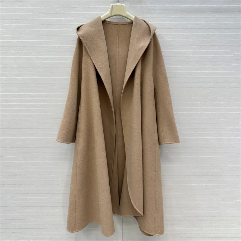 

Women's trench coat New wool blended long women's windbreaker for autumn 2025 Belt slim fit hooded Women's jacket Women's coat