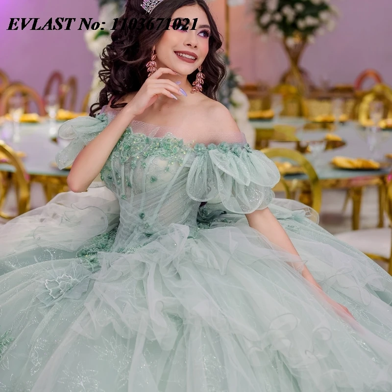 EVLAST индивидуальное платье Sage Green Quinnceanera, бальное платье с цветочной аппликацией, корсет с бисером, Sweet 16, Vestidos De 15 Anos SQ610