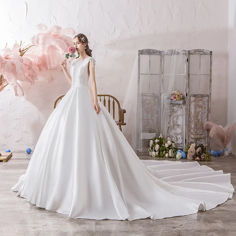 

Роскошное винтажное свадебное платье по индивидуальному заказу, атласное кружевное свадебное платье De Mariee, бальное платье с длинными рукавами и шлейфом для женщин