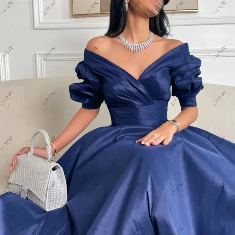 LIYYLHQ Saudi Arabia Navy Blue Short Sleeves Prom Dresses Pleats Satin A-Line Formal Party Gown Dubai Evening Gowns Formal Dress