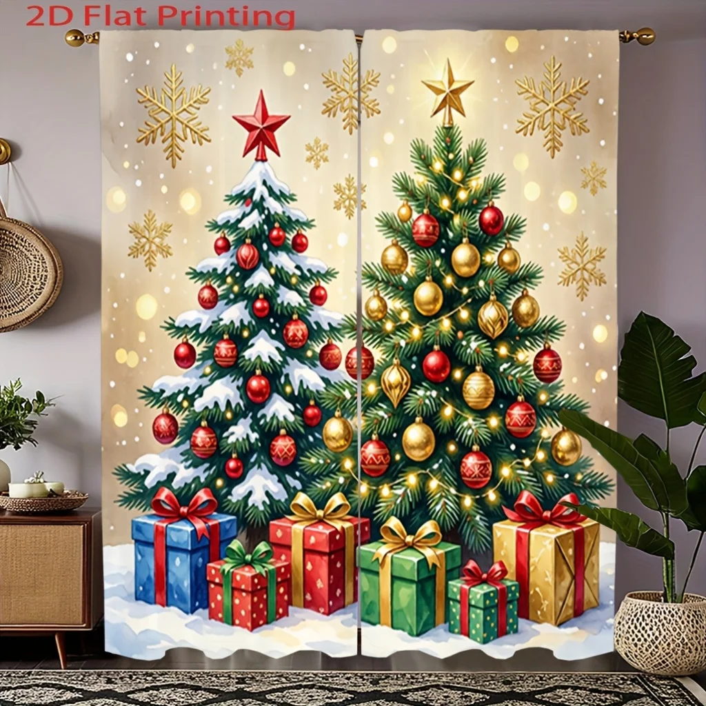 Dual Christmas Tree Gift Box Curtains 2 Panels,Golden Snowflake Warm Bokeh Light Snow Ground Classic Xmas Holiday Living Curtain