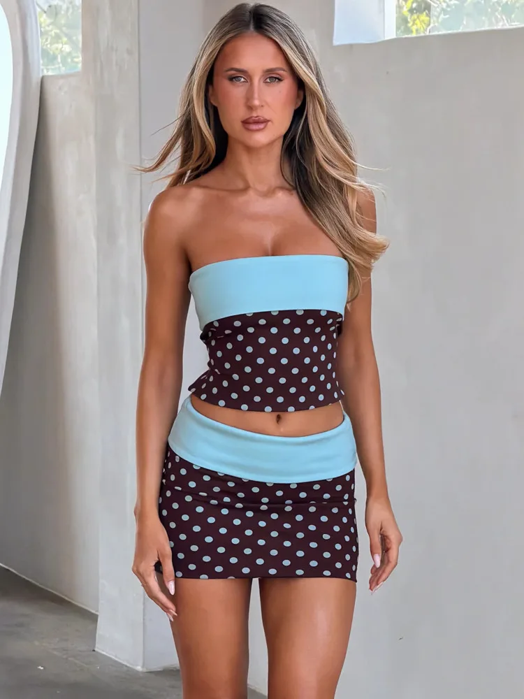 

Mozision Polka Dot Sexy Two Piece Set Women Strapless Sleeveless Crop Top Mini Skirt Matching Sets Skinny Club Party Dress Set