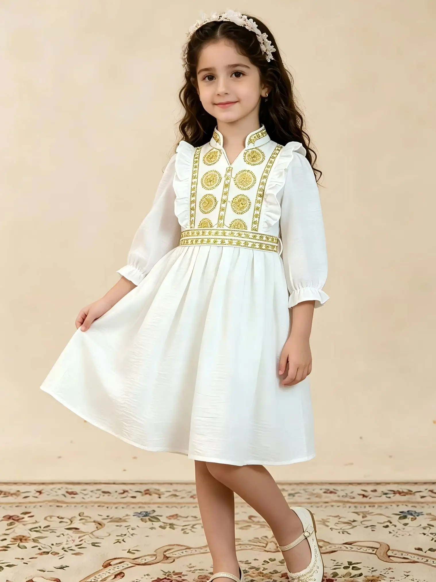 Girls Ethnic Embroidery Dress Kids Boho Vintage Embroidered Midi Dress for Holiday Birthday Casual Party Festival Daily 1-6Y