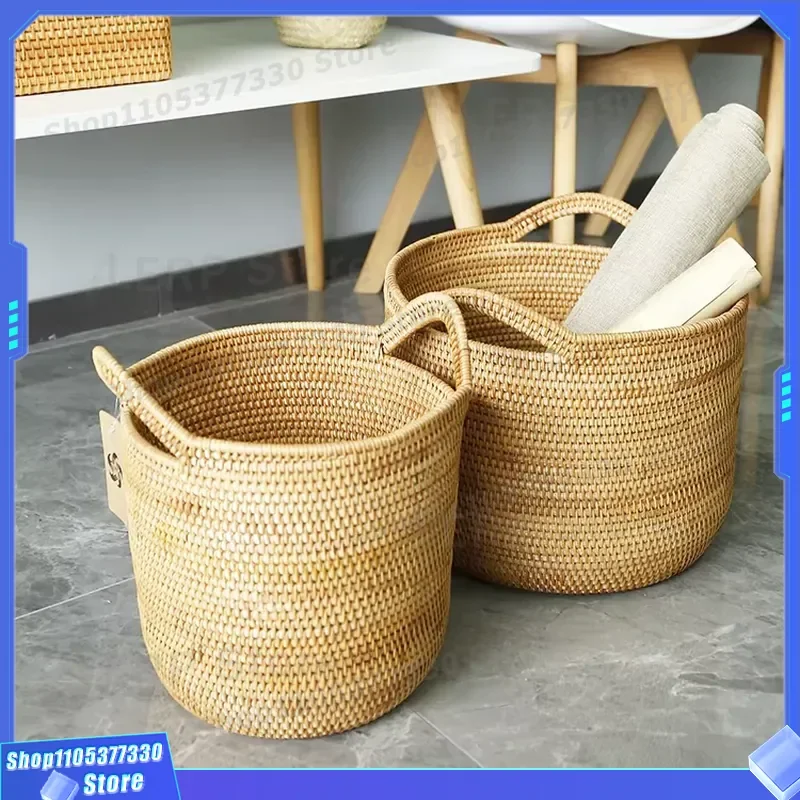 Large Hand Woven Rattan Storage Basket Natural Portable Laundry Hamper Unique Big Capacity Organizer for Home Decor Clothes