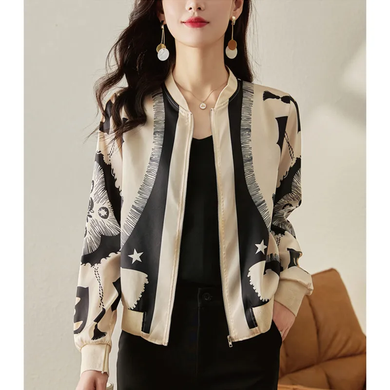 

Spring Silk ort Outerwear Women's Printed Cardigan Label Removed European Sle Floral Pattern Commute Sle Zipper Design