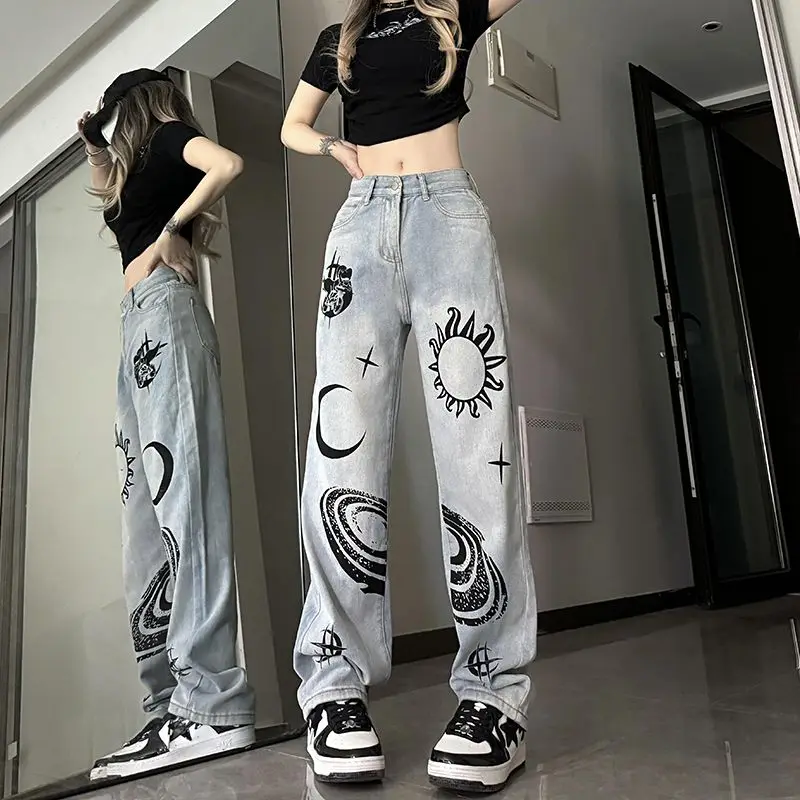 High Street Fashion Print High Waist Jeans Women\'s Button Pocket Zipper Trendy Versatile Slim Loose Covering Meat Straight Pants