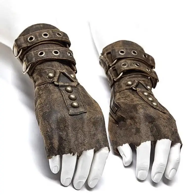 Steampunk, Rivet Belt Buckle Gloves, Retro, Gothic, Leaky Finger Locomotive Bracers