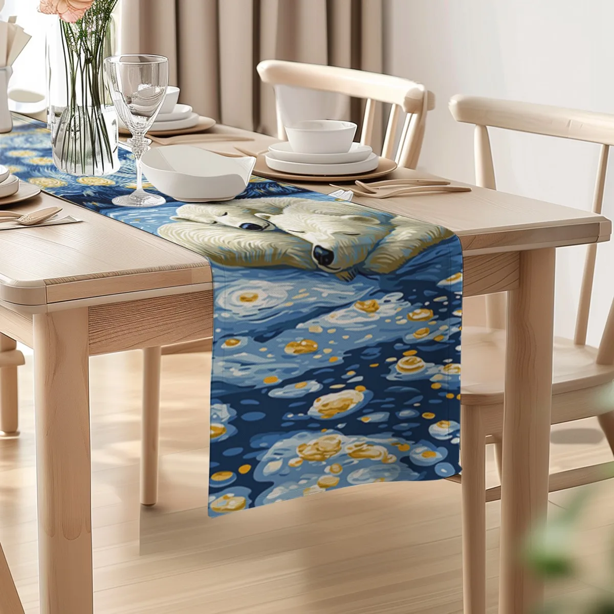 decoration table runner Starry Night Polar Bear Impressionist Style Table Flag TV cabinet,kitchen restaurant,festival party gift
