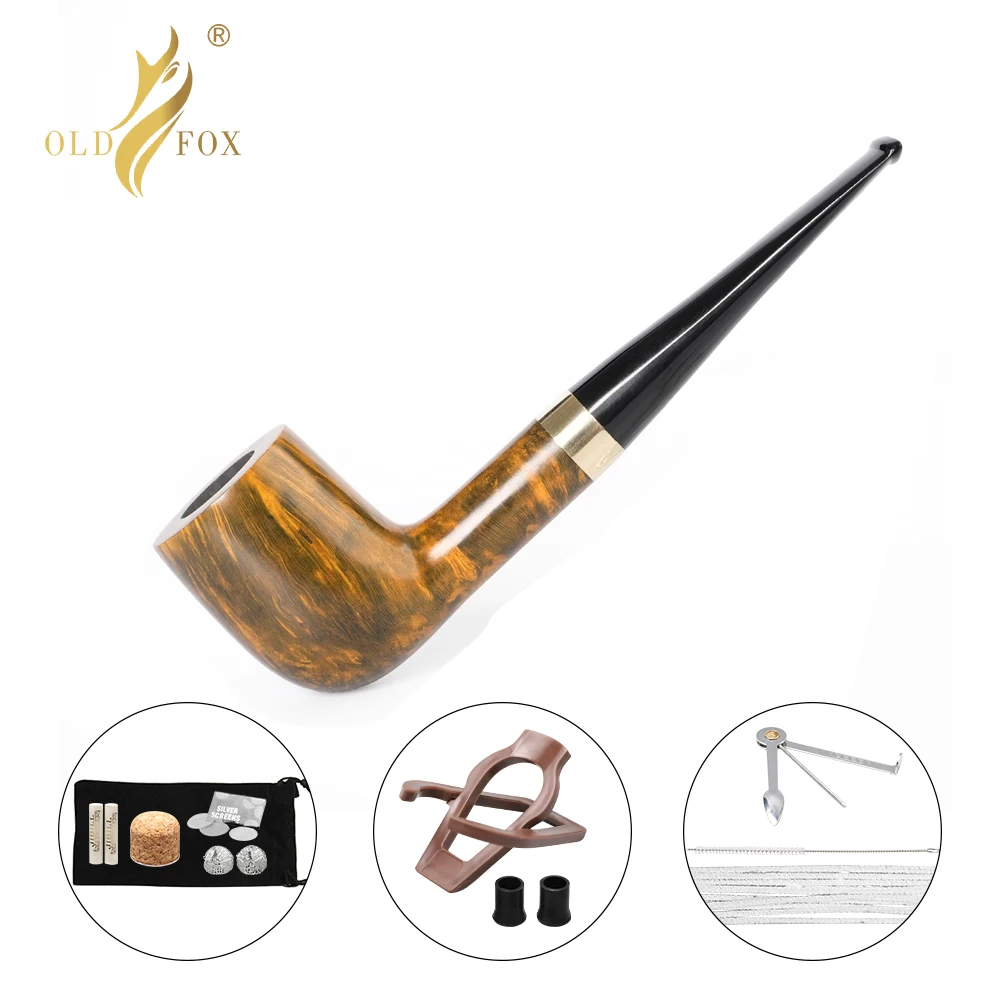 Old Fox Handmade Briar Wood Tobacco Pipe Set Accessories Straight 9MM Filter Solid Wood And Gold Ring With 10 Tools Kits Gift