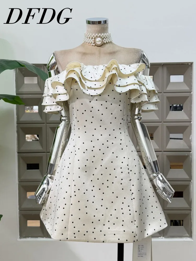 

DFDG Women 2026 Spring Summer Off Shoulder Mini Dress Multi Layer Ruffle Trim Polka Dot Print Flared Hem Cute Party Dress