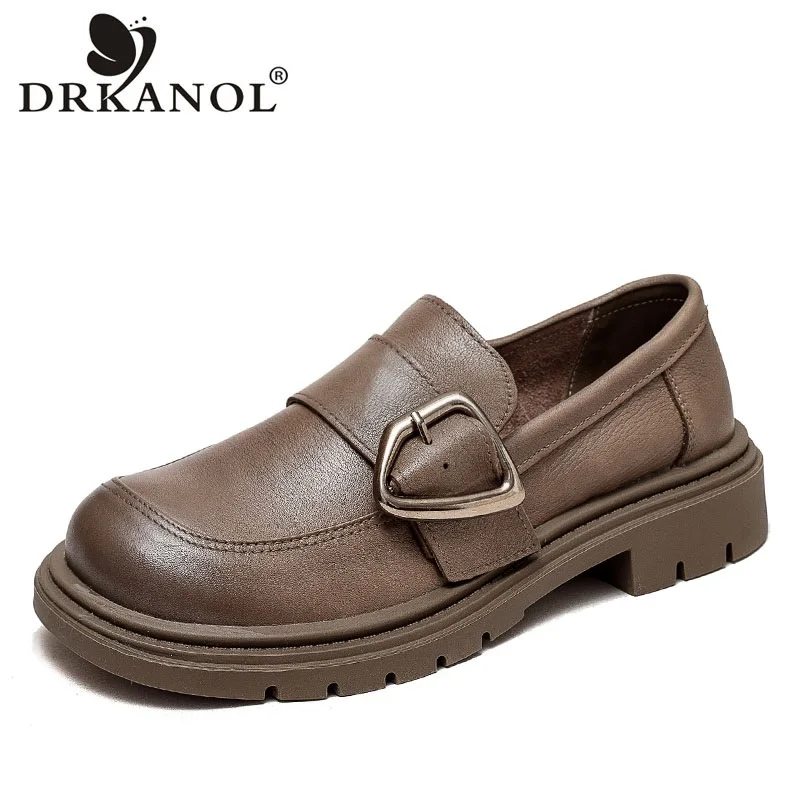 

DRKANOL British Style Women Loafers Slip-On Flat Shoes Luxury Genuine Leather Low Top Metal Buckle Flats Casual Loafers Handmade