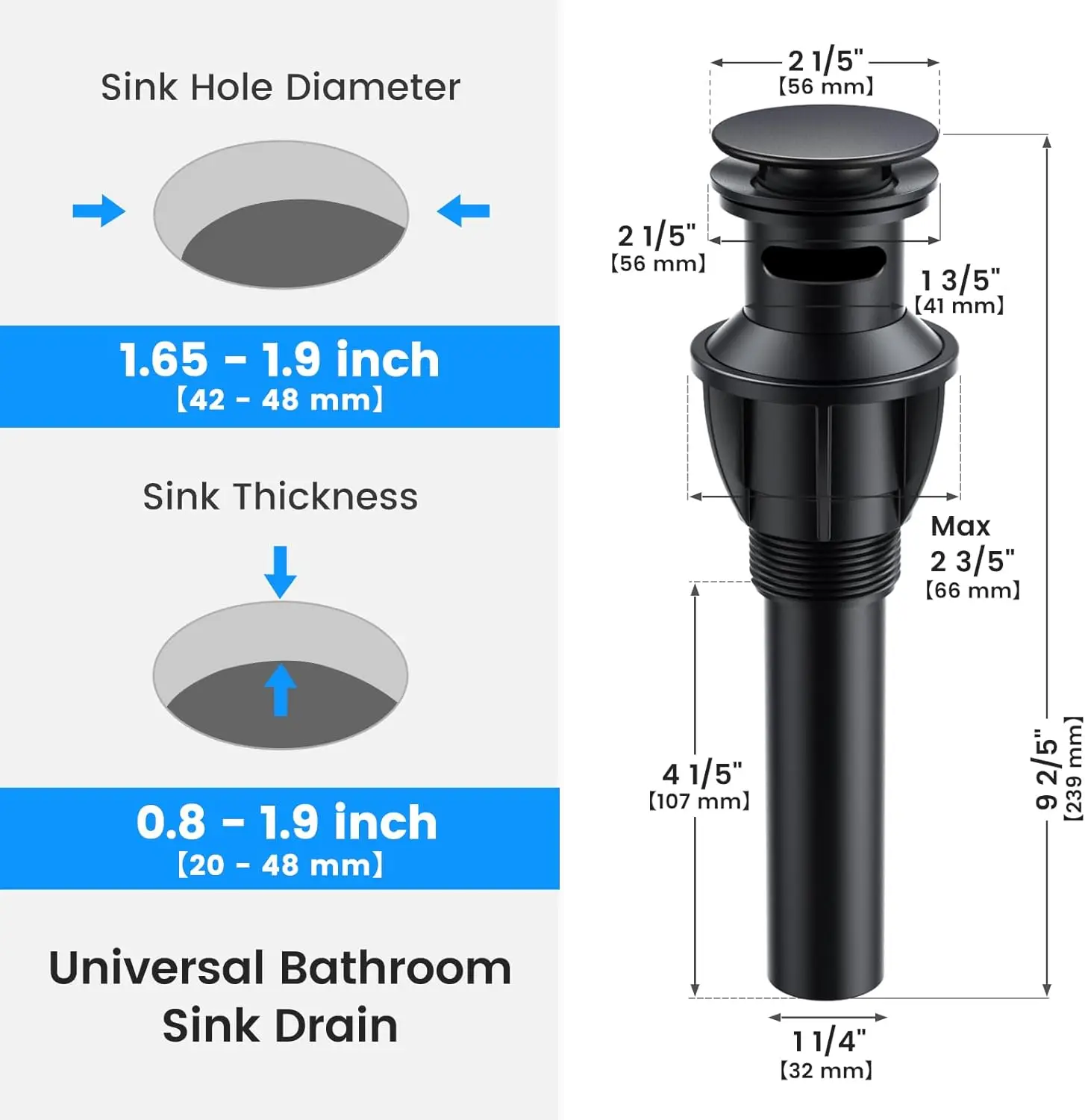 Bathroom Sink Drain Stopper with Overflow Fit Lavatory Vanity Sink Pop Up Drain Assembly By RUITHOE