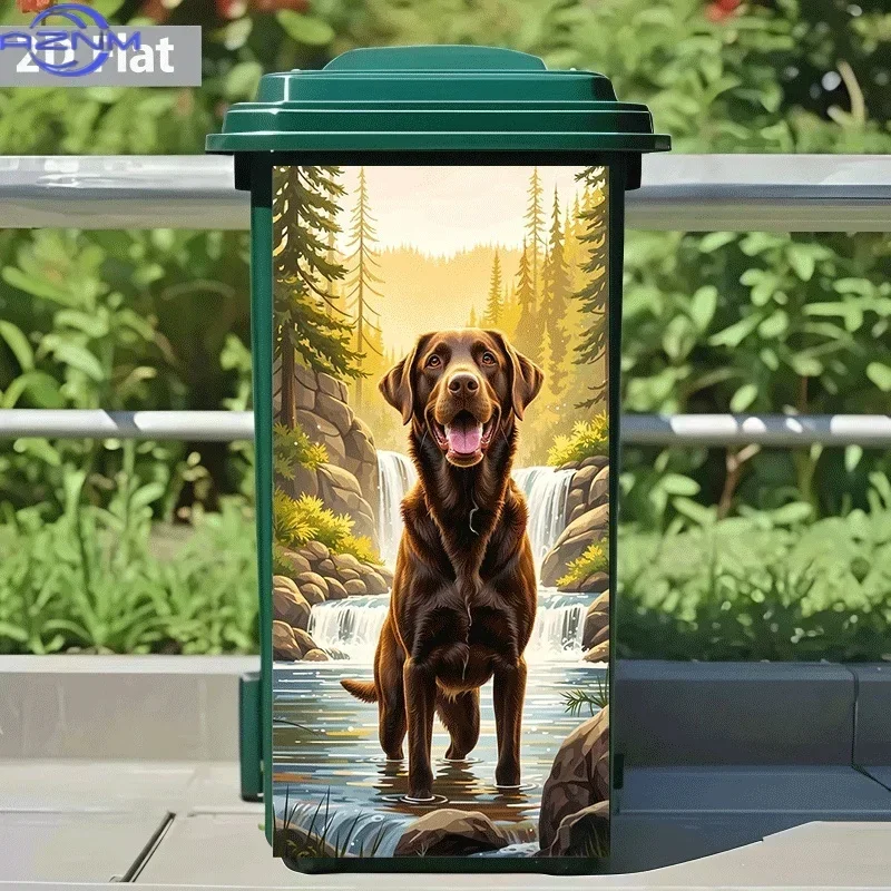 2D 1PC1pc of Trash Can Sticker with a Design of a Happy Dog by The Stream. The Title Has Been Translated, Do Not Change It. Wa