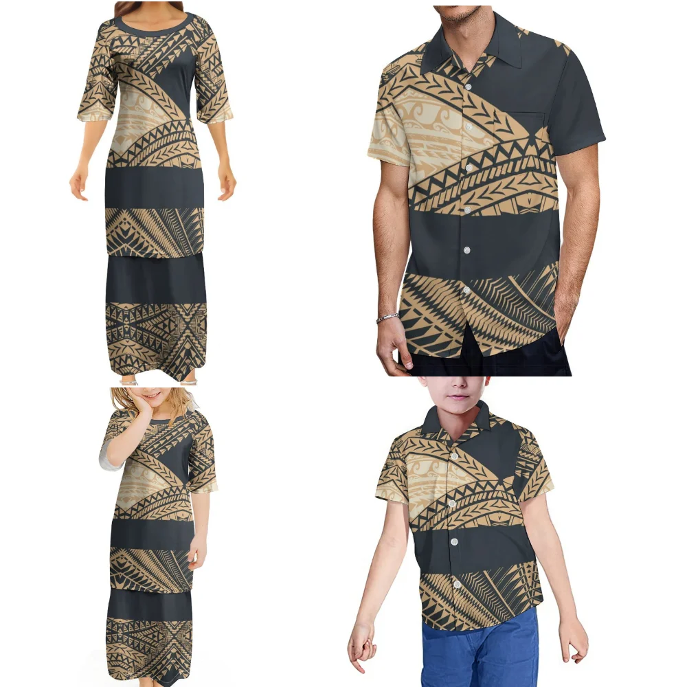 Pacific Islands Puletasi Women\'s Long Dress Summer Short Sleeve Adult Children Family Set Custom Polynesian Pattern