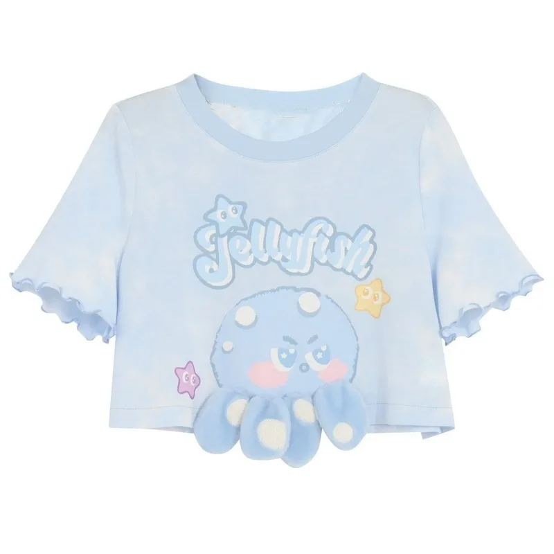 Chic Sweet Cute Kawaii T-shirt Summer Short-sleeved Top Female Tops Women Casual Y2k New 2024 Trend Blue Cartoon Print Tees