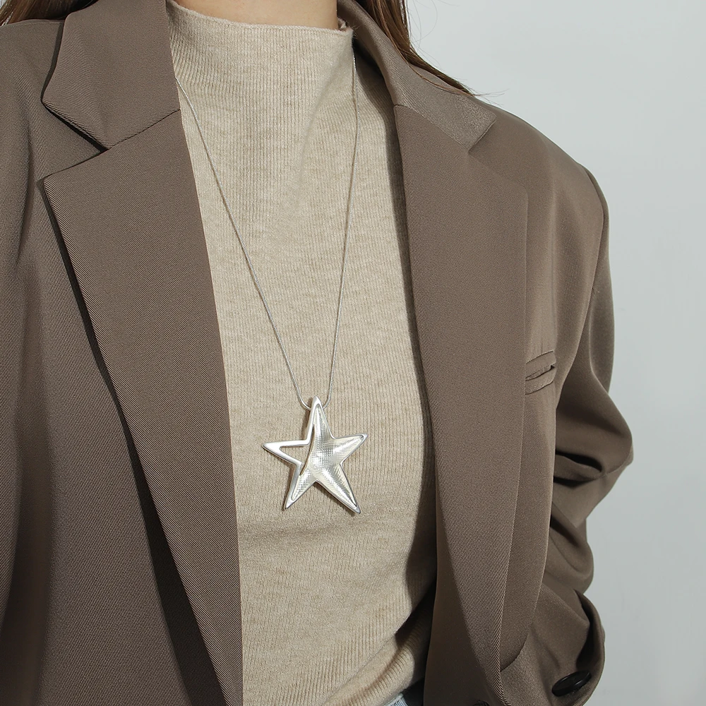ALLYES Fashion Silver Color Hollow Star Pendant Necklace for Women Punk Korean Long Snake Chain Necklaces Collars Charm Jewelry