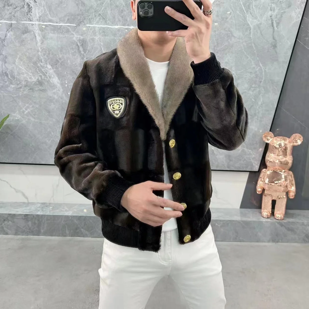 

Зимняя утепленная куртка из золотистой норки для мужчин и молодежи, модная, из кожи и меха, короткая, теплая, приталенная, на пуговицах