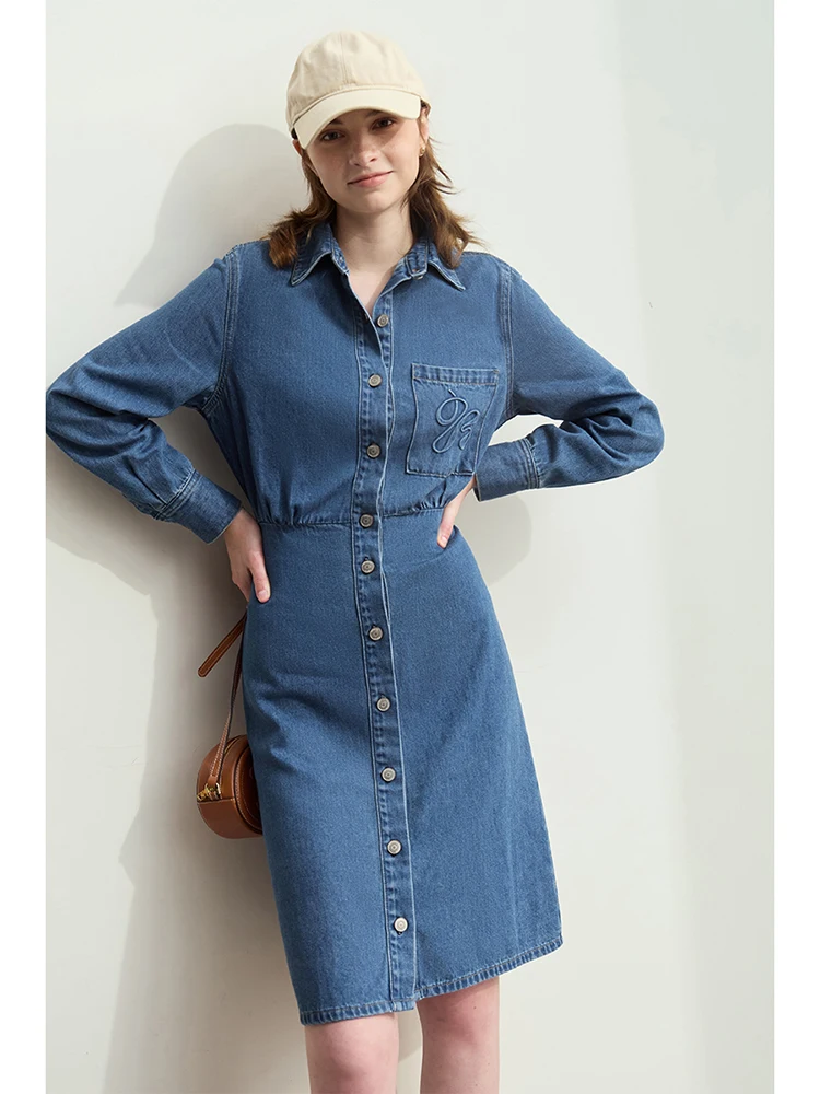 AMII Minimalism Women Denim Dresses 2024 Autumn New Lapel Letter Embossing Shirt-style Dress Lady Casual Dress 12423044