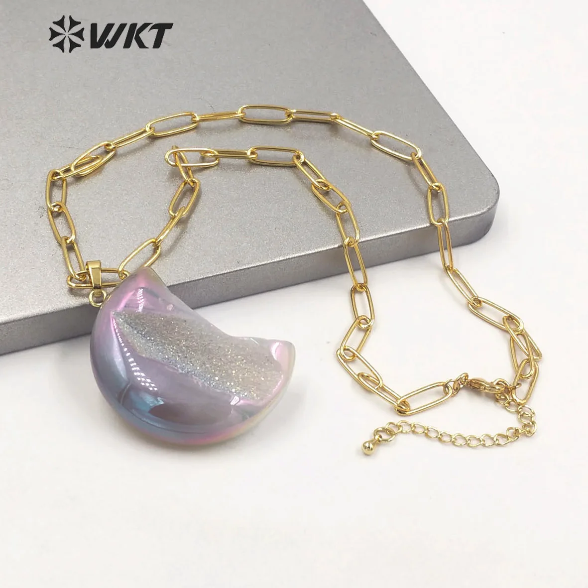 WT-N1393   WKT 2022 Attractive Moon Shape Aura Geode Quartz Pendant Necklace Women Gift Party Jewelry Trend Lovely Necklace Nice