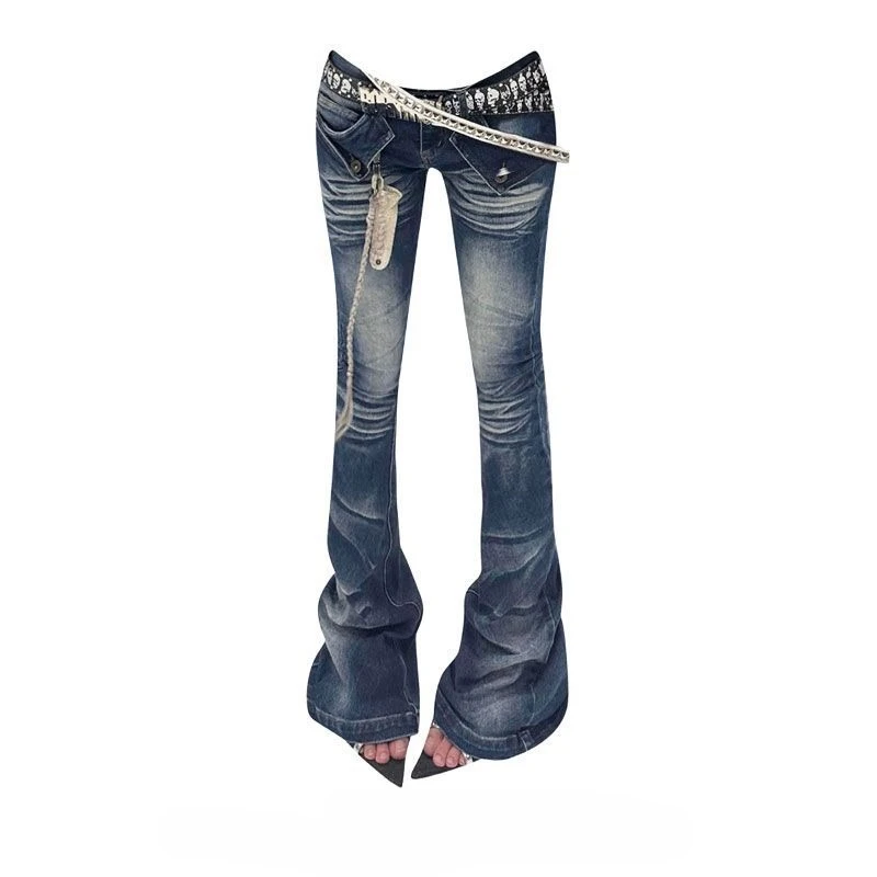 American Vintage Full Length Bootcut Jeans Distressed Women Casual Patchwork Denim Zipper Gothic Style Streetwear 2025 Autumn