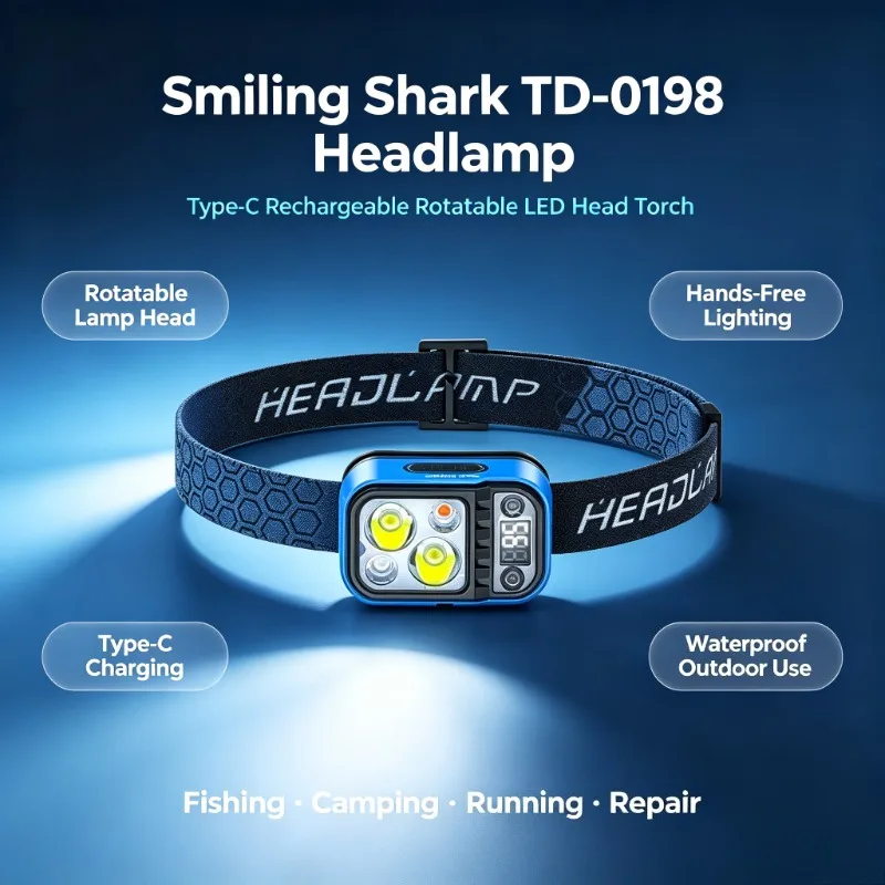 Smiling Shark Rotatable LED Headlamp Type-C Fast Charging Hands-Free Waterproof Head Torch Outdoor Lighting TD-0198