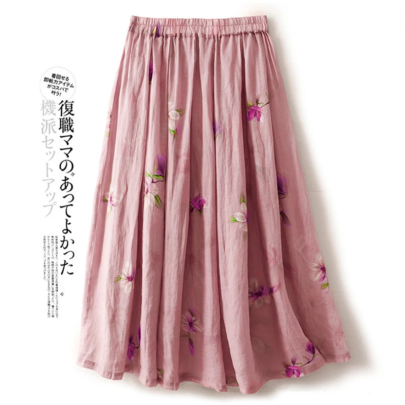 Summer Ethnic Pink Flower Printed Skirt Women Draping Large Swing Elastic Waist Long Skirts Thin Soft Linen Skirt