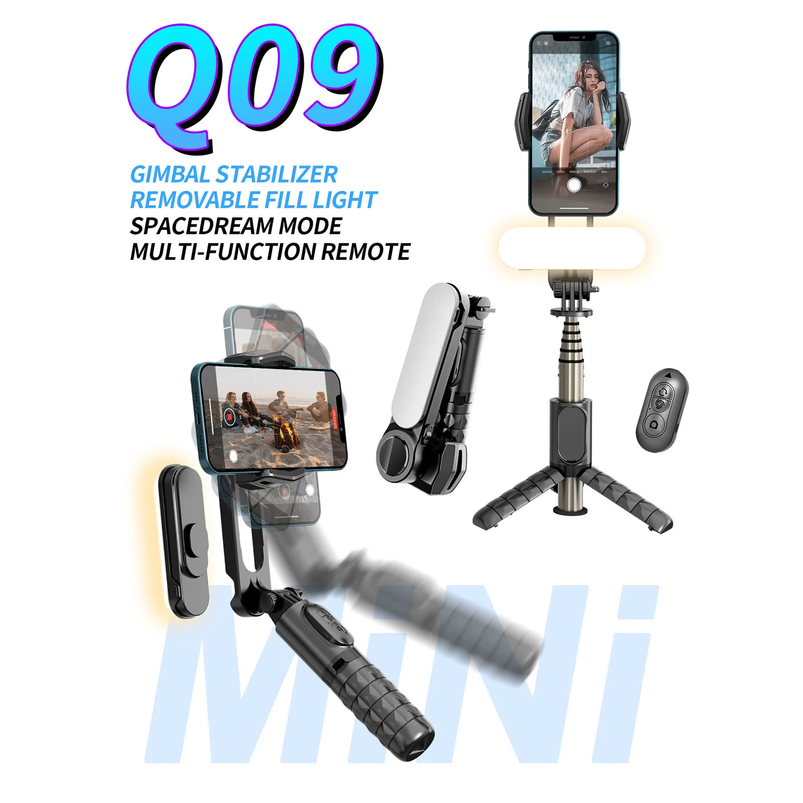 

Q09 Fill Light Selfie Stick Stabilizer Bluetooth Selfie Rod W/ Remote Control for Huawei Xiaomi Iphone Hidden Tripod Stand