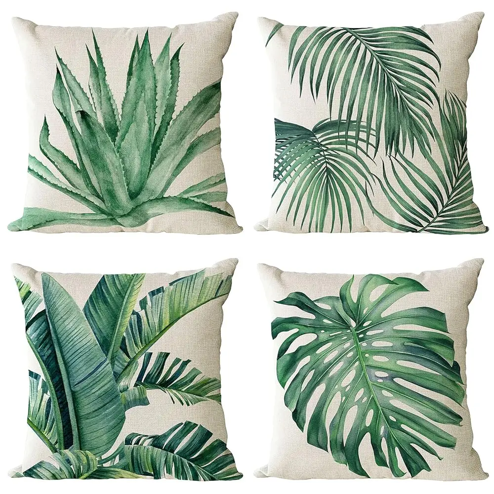 

Set Of 4 Green Plants Decorative Throw Pillow Covers 22X22 H Summer Decorations Linen Square Pillow Cases Tropical Plants